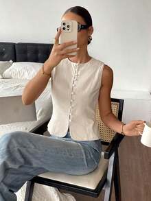 Camisas sin mangas de unicolor de tela texturizada con abotonadura, para verano - Albaricoque - Ver 3