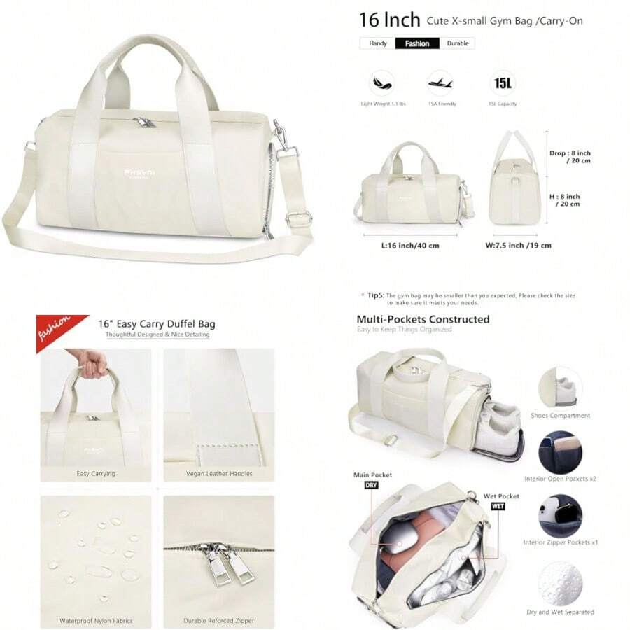 Bolsa de gimnasio para mujeres niñas y hombres Beige 16" Small Size Moda personalizada linda compacta - Beis - Ver 1
