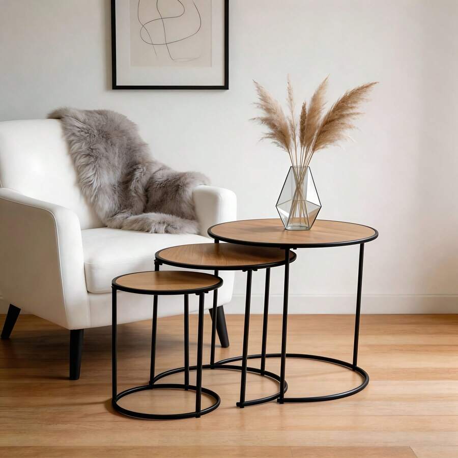 1 Set round nested tea tables, featuring nestable round coffee tables and sofa side tables. This Italian minimalist mother-and-child tea table allows free combination of different heights and flexible arrangement. in is bedroom, balcony and courtyard. The upper layer can hold water cups, scented candles and green plants, while the lower layer provides storage for books, remote controls and snacks. Space-saving and homeage for room and terraces and outdoor spaces. It is also a thoughtful gift choice for festivals, housewarming celebrations, Mother's Day and Father's Day. - 駝色 - 查看 1