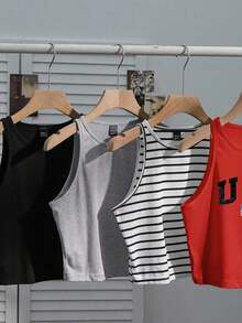 Conjunto de 4 piezas para mujer: Camiseta sin mangas a rayas en blanco y negro, cereza casual para vacaciones, versátil y sexy para el verano y el regreso a la escuela - Multicolor - Ver 4