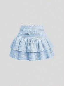 Falda mini casual y de resort Y2K con dobladillo de doble capa y ribete de volantes de unicolor - Celeste - Ver 6