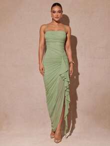 xheSilquee Elegante vestido verde salvia con mangas abullonadas románticas y abertura alta, vestido de fiesta ajustado con encaje para el Día de San Valentín, citas, invitados de boda, baile de graduaciónxhe - Verde - Ver 8