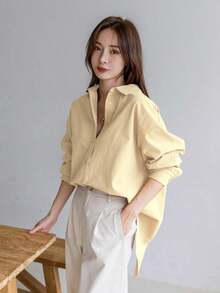 -Less Camisa de mujer de manga larga de un solo pecho, de unicolor, de hombros caídos, para uso casual y de negocios - Amarillo - Ver 6