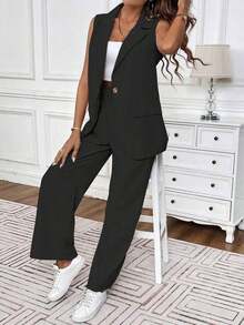 Traje de negocios informal para mujer con chaleco de unicolor y pantalón largo de verano - Negro - Ver 4