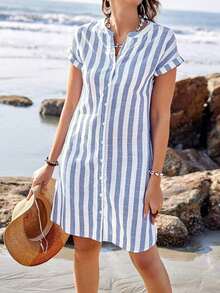 Vestido camisero de verano para mujer, de manga corta, cuello en V y rayas, hasta la rodilla, vestidos de verano para mujer, vacaciones - Azul y blanco - Ver 7