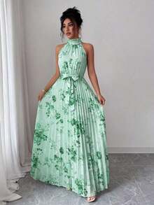Vestido elegante y romántico con estampado floral, corte evasé y escote halter sin mangas para mujer - Multicolor 5 - Ver 4