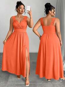 Elenzya Vestido línea A con cuello en V, contraste de encaje, tirantes finos y abertura para tallas grandes - Naranja - Ver 8