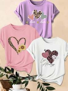 LUNE Set de 3 camisetas de tallas grandes con estampado de leopardo, corazón y lema gráfico, para verano - Multicolor 2 - Ver 1