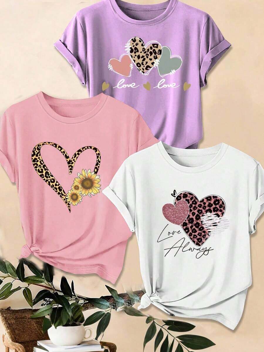 LUNE Set de 3 camisetas de tallas grandes con estampado de leopardo, corazón y lema gráfico, para verano - Multicolor 2 - Ver 1