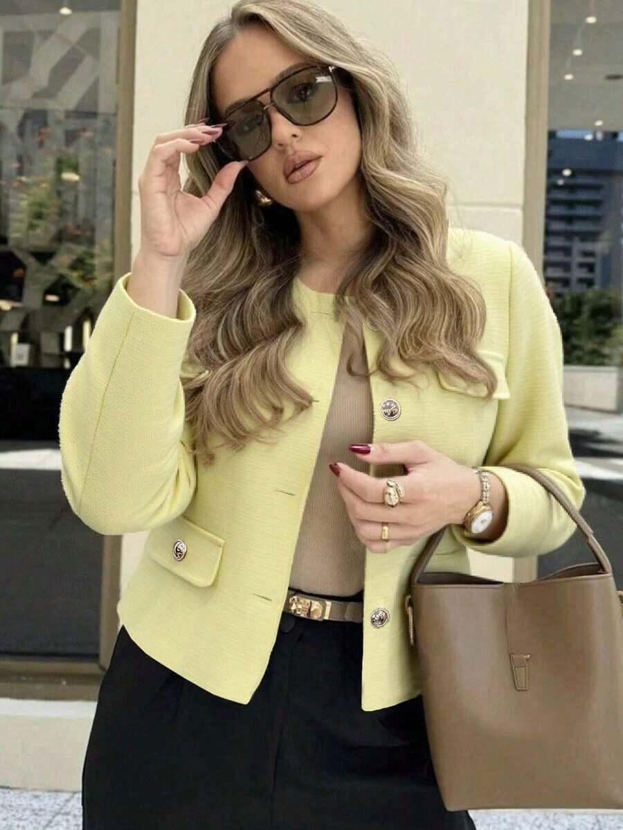 Chaqueta minimalista de mujer de unicolor con botones delanteros y mangas largas, elegante y casual, ligera para primavera y otoño, color negro - Amarillo - Ver 1