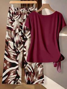 Conjunto de 2 piezas de blusa con lazo y pantalones rectos para mujer, informal - Multicolor 20 - Ver 3