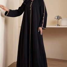Women's Casual Arabic Style Long Sleeve Round Neck Button Design Dress - Albaricoque - Ver 3