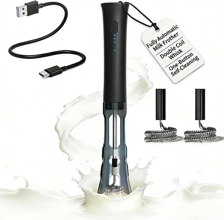 Milk Frother Handheld Rechargeable, Low Noise Electric Coffee Frother Wand With Stand, Stainless Steel Shaft, Anti-Accidental Start, 2 Double Coil Whisks, Kitchen Gifts - White - View 1