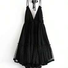 Dobby Mesh Self-Tie Ruffled Halter Dress - Negro - Ver 2