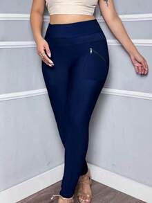 Women's Riding Pants With Grosgrain Fabric, Zipper On Front Pocket, High Waist - Navy Blue - View 2