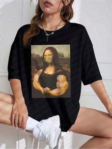 Camiseta de mujerCamiseta de algodón con estampado casual de moda para mujerCómoda y ligera - Negro - Ver 9