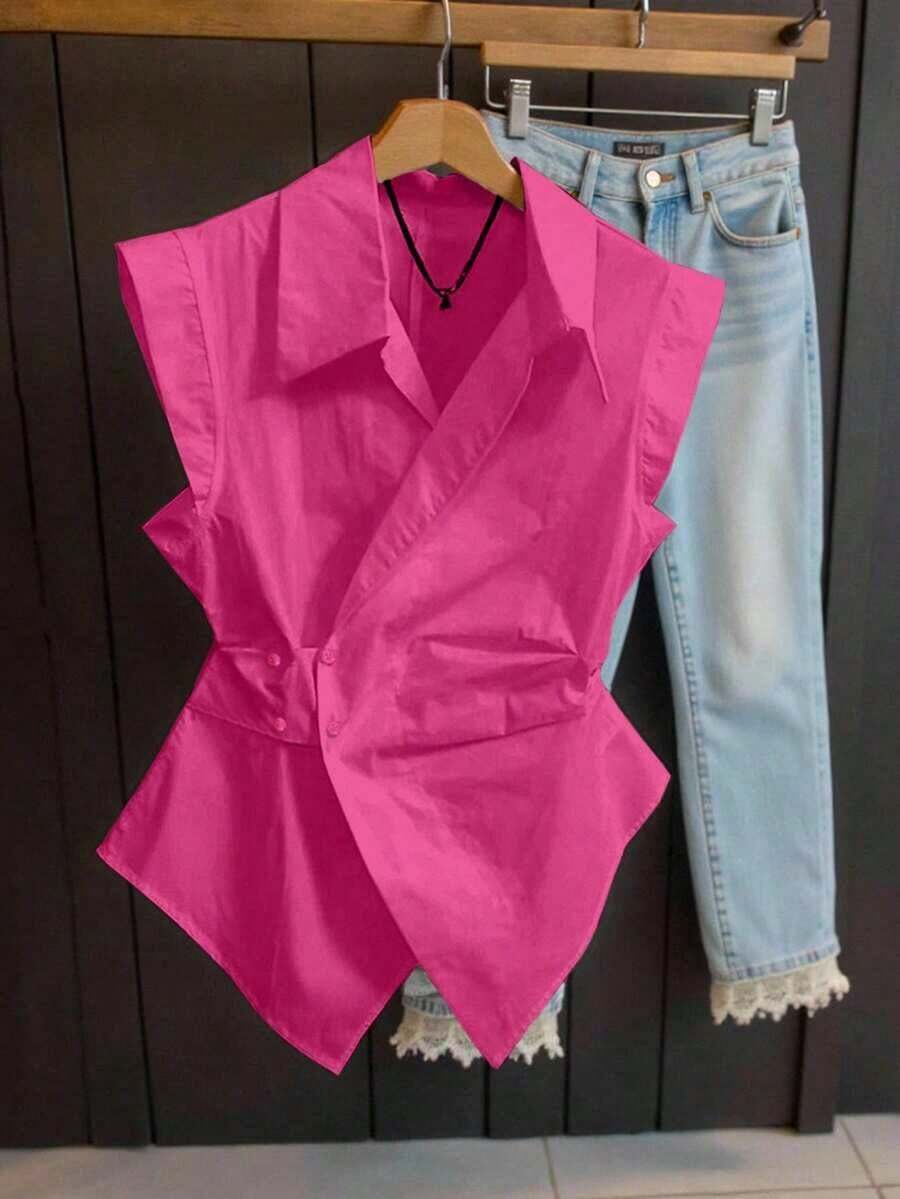 Blusa casual sin mangas con estampado de rayas para mujer, verano - Rosado Sandía - Ver 1