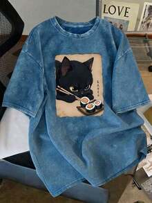 Camiseta de manga corta con estampado de gato negro retro vintage comiendo sushi, diseño de nicho, camiseta retro, camiseta de cuello redondo, esencial para primavera/verano, ropa interior para invierno, top de mujer, otoño/invierno, ajuste cómodo casual - azul real - Ver 5