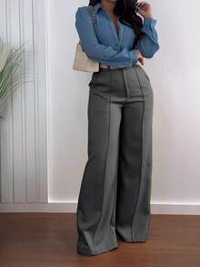 Pantalones de pierna ancha con bolsillo con cremallera Jisfaneya, elegantes, versátiles para la oficina, la escuela y el uso diario, de unicolor sin cinturón, para primavera y verano, en color negro - Gris Oscuro - Ver 4