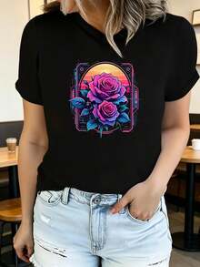 Camisetas de verano de manga corta con estampado para mujer, a y casuales, lavables aáquina, ajuste cómodo, estampado plano 2D, plano 2D - Negro - Ver 1