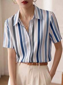 Casual Commuter Colorblock Striped Short Sleeve Shirt, Summer - Baby Blue - View 4