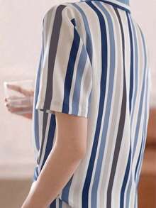 Casual Commuter Colorblock Striped Short Sleeve Shirt, Summer - Baby Blue - View 5
