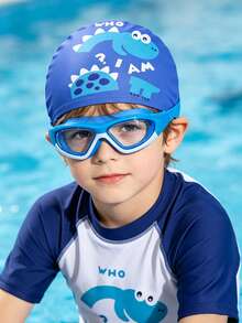 2pcs Cartoon Dinosaur Pattern Breathable Swimming Cap + Blue & White Anti-Fog Anti-Dust Swimming Goggles, Children Swimming Gear Set - Multicolor - View 3