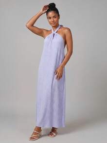 Women Long Halter Neck Dresses Loose Solid Sleeveless Open Back Tie-up Dress for Summer Beach Party Club - Púrpura malva - Ver 3