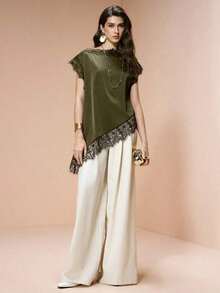 Camisa de mujer  en color caqui, de tela popelín, con parche de encaje de unicolor elegante y bajo asimétrico, elegante para citas, atuendos de verano para mujeres, blusas de verano - Verde militar - Ver 2