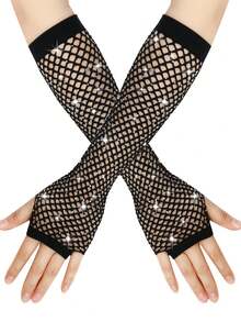 1 Pair 80s Y2K Style Rhinestone Fishnet Fingerless Gloves, Women Mesh Sleeve Decor Accessory For Wedding, Tea Party - Fishing Net Gloves - View 21