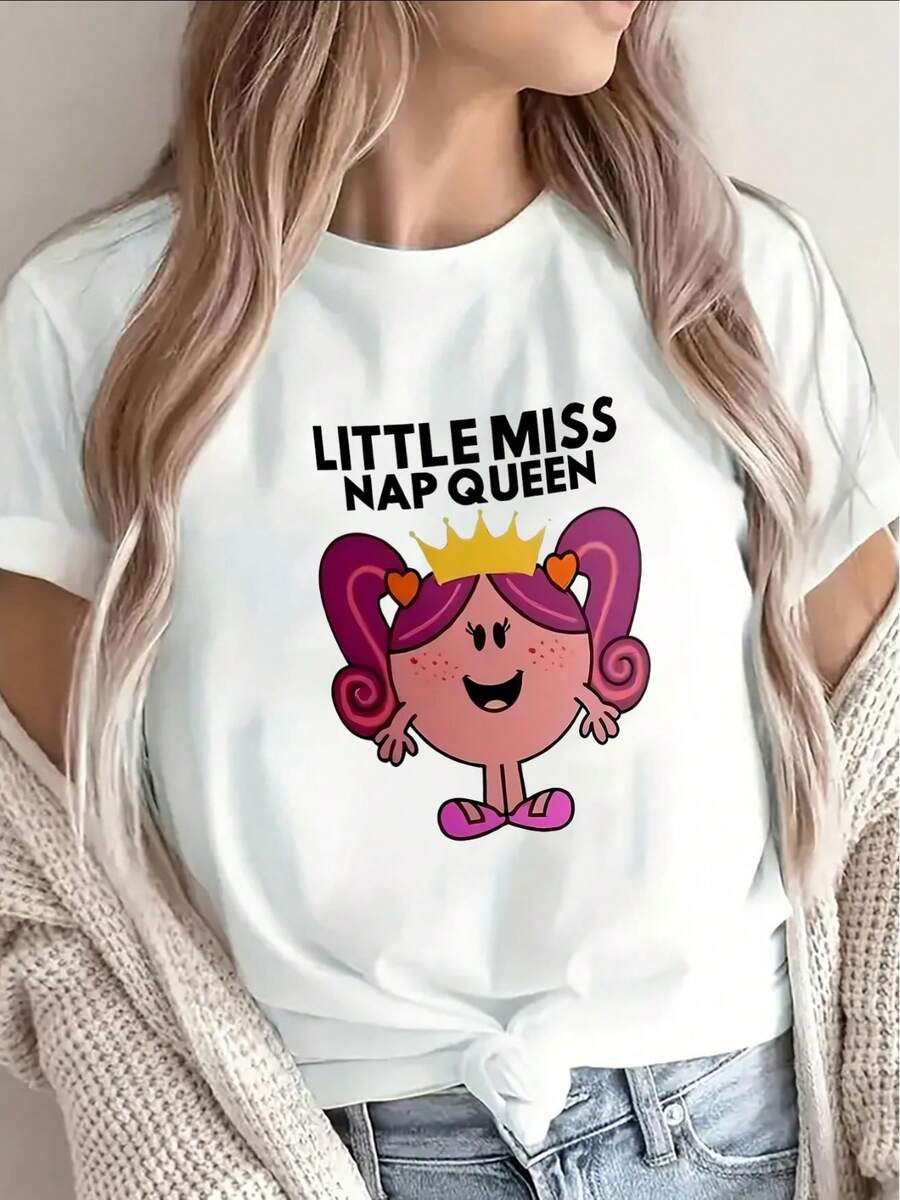 Gift Gift Gift Gift 1PC Lightweight And Durable Short-Sleeve T-Shirt, Featuring A "Little Miss Nap Queen" Design, Perfect For Casual Outings At Home, Work, Or Restaurants, Offering A Comfortable Fit For Everyday Wear. Soft Soft - 白色 - 查看 1