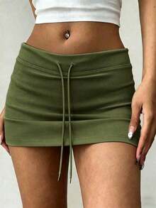 Minifalda de mujer con cintura baja y cordón, para verano - Verde - Ver 4