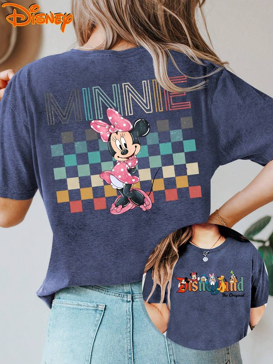 Women'S Disney Short Sleeve Crew Neck T-Shirt, Vintage Cartoon Chessboard Watercolor Print, Double-Sided Minnie Mouse Design, Casual Everyday Summer Top, Breathable Comfort, Spring, Summer, Fall, Disney Travel, Fashionable Vintage Style, S-XXL - Xanh đậm - Xem 1