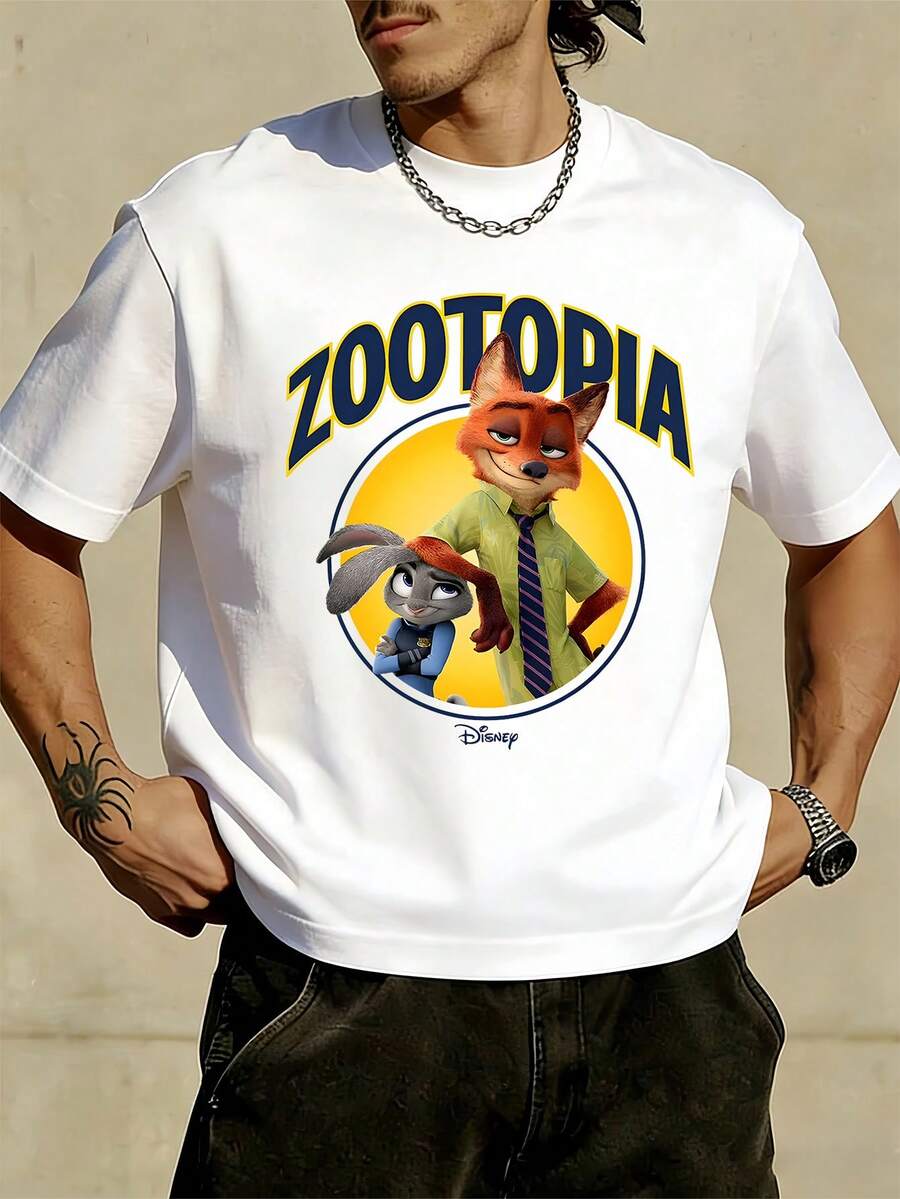 Unisex Disney Zootopia Varsity Tee, Retro Print, Casual Fit - 白色 - 查看 1