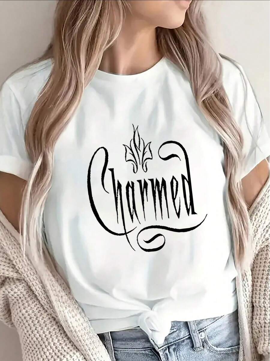 Camiseta de manga corta con estampado encantador para mujer, adecuada para el hogar, cafeterías o uso casual al aire libre, diseño ligero y duradero, con patrón estampado en la tela. - Blanco - Ver 1