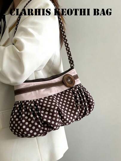 This Brown Polka Dot Shoulder Bag Features Wooden Buckle Embellishments And Contrasting Trim. Its Pleated Soft Bag Design Offers A Simple And Professional Look, Making It Suitable For Office Workers, Students, And Mothers For Daily Commutes, Afternoon Tea Dates, Short Business Trips, And Light Business Occasions.