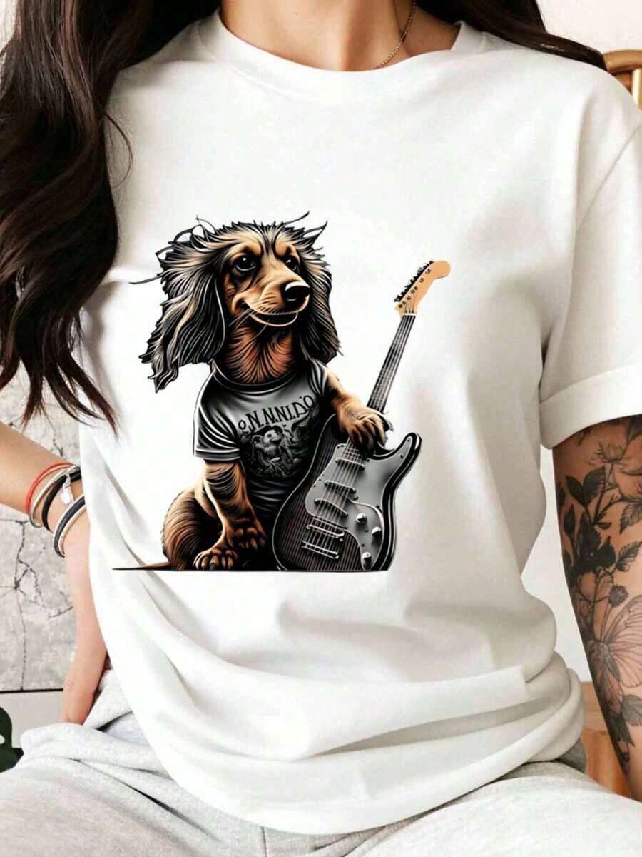 Unisex Cotton T-Shirt With Graphic Design Of A Dog Playing Electric Guitar In A Rock Band, For Men And Women, Gift For Music Lovers, Summer Casual Wear > Beautiful. - 白色 - 查看 1