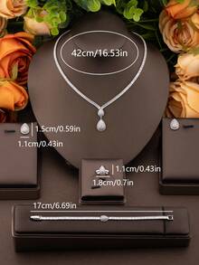 1 Set Luxury Elegant Cubic Zirconia Teardrop Jewelry Set, Includes 1 Pair Earrings, 1 Necklace, 1 Bracelet, 1 Ring, Suitable For Women's Daily And Party Wear, Excluding Gift Box - Silver - View 6