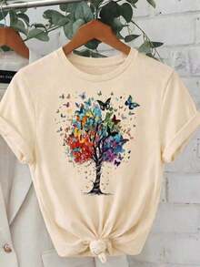 Camiseta suave 100% algodón, camiseta casual de mujer con cuello redondo, manga corta, longitud regular, estampado de árbol de mariposas, camiseta de algodón transpirable, combina con todo, genial. - Albaricoque - Ver 2
