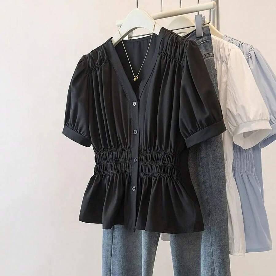 200 libras de talla grande cintura elástica Oficina señora camisa y blusa de manga corta Top sólido ropa de mujer con cuello en V francés Chic - Negro - Ver 1