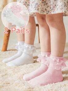 2 Pairs Cotton Girls' Solid Color Mesh Socks With Double Lace, Suitable For Dance Party - Multicolor - View 10