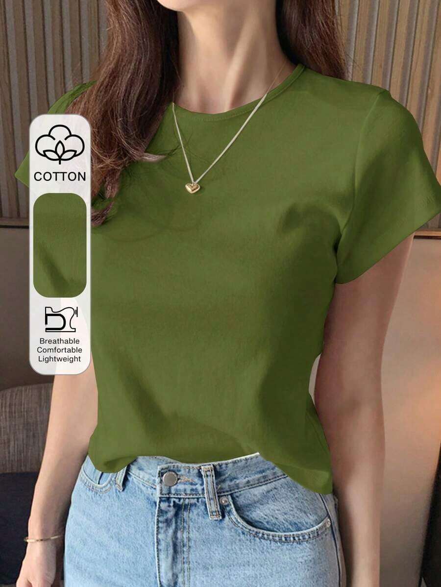 Camiseta básica de mujer de cuello redondo de unicolor de manga corta, blanca, para primavera/verano, de estilo casual de oficina - Verde - Ver 1