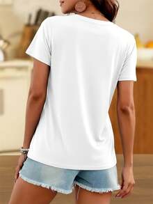 Casual T-Shirt New Women's Short Sleeve V-Neck T-Shirt For Spring And Summer, With A Stylish Printed Design, Made Of Soft And Comfortable Fabric, Easy Care And Machine Washable, Perfect For Outings And Home Wear During Spring And Summer 100% Cotton Durable - 白色 - 查看 3