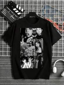 Camiseta negra para hombre, 100% algodón puro, con un llamativo diseño de collage que presenta los textos "Jennie" y "I love you girl", inspirada en una artista popular de K-pop, es la elección perfecta para entretenimiento informal y uso al aire libre..Camiseta holgada, informal y versátil - Negro - Ver 7