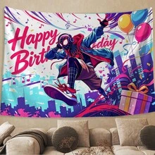 Marvel 1pc Themed Birthday Party Backdrop,Cartoon Character Tapestry,S-Pider-Man Miles Morales Birthday Backdrop, Neon Cool Music Style Happy Birthday Party Banner,Spider-Verse Themed Party Decor Tapestry, High Definition Print Party Decoration Backdrop Cloth,The Perfect Gift For Family And Friends, Birthday Party Decoration,Holiday Decoration, Decoration Themed Perfect Gift,For Bedroom Living Room Corridor, Wall Art, Wall Decoration, Room Decoration - Multicolor-a - View 3