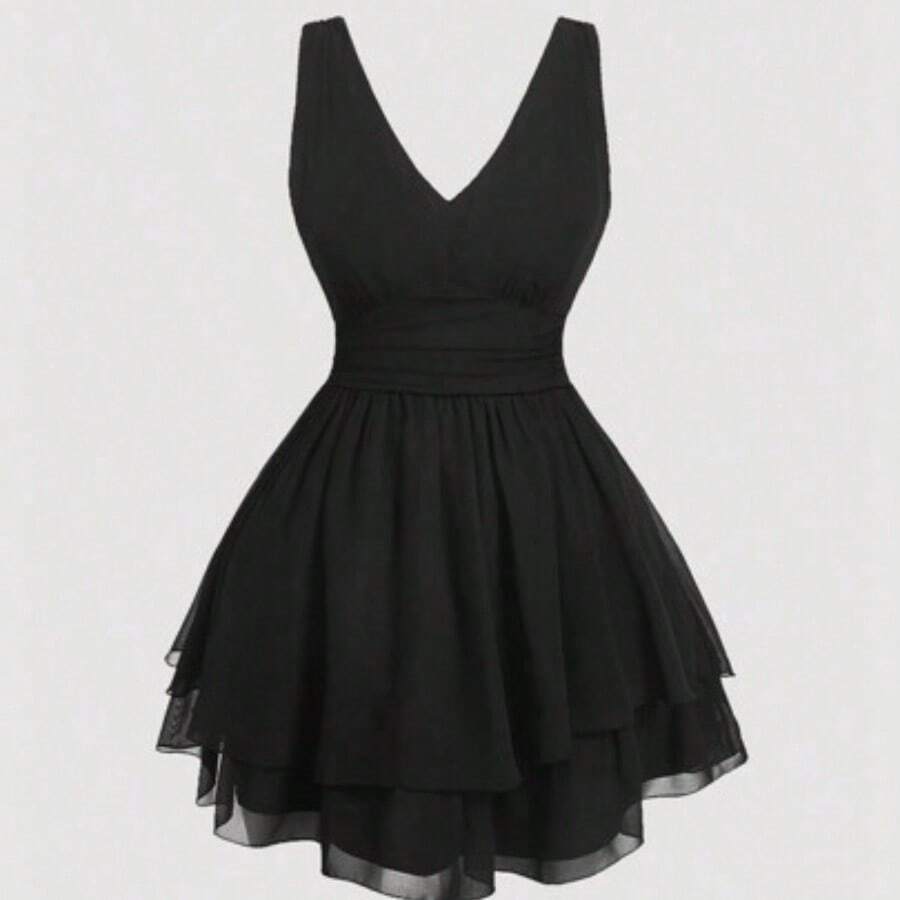 MOD Plus Size Women's Multi-Layered Hem Waist Ruched Black Vintage Dress,Valentine Day - Negro - Ver 1