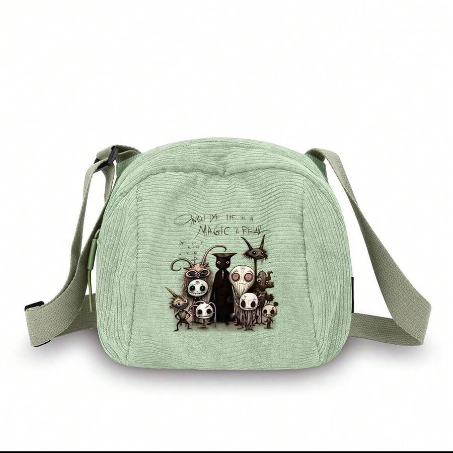 Corduroy Crossbody Bag For Women And Girls  
Nightmare Before Christmas Characters And Magic Words Print  
Perfect For Daily Use School Travel And Casual Outings - 綠色 - 查看 1