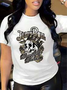 SimpieAndVersatileDesignCamiseta gráfica retro para mujer, estilo casual con cuello redondo y mangas cortas, con diseño de calavera y corona, ideal para primavera y verano.CottonT-Shirt - Blanco - Ver 1