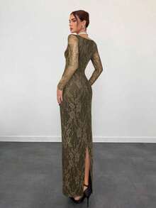 Vestido negro ajustado hasta el suelo con cuello corsé ahuecado y mangas largas con encaje en forma de S sexy para mujer para fiestas, citas y banquetes de otoño/invierno nuevo - Verde militar - Ver 2