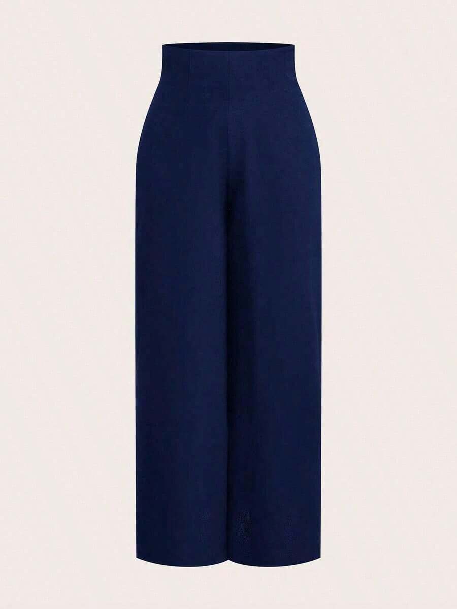 Pantalones anchos de cintura alta con textura, moda casual sencilla para la temporada de vuelta al colegio, estilo de dinero viejo para ir y venir - Azul marino 2 - Ver 1